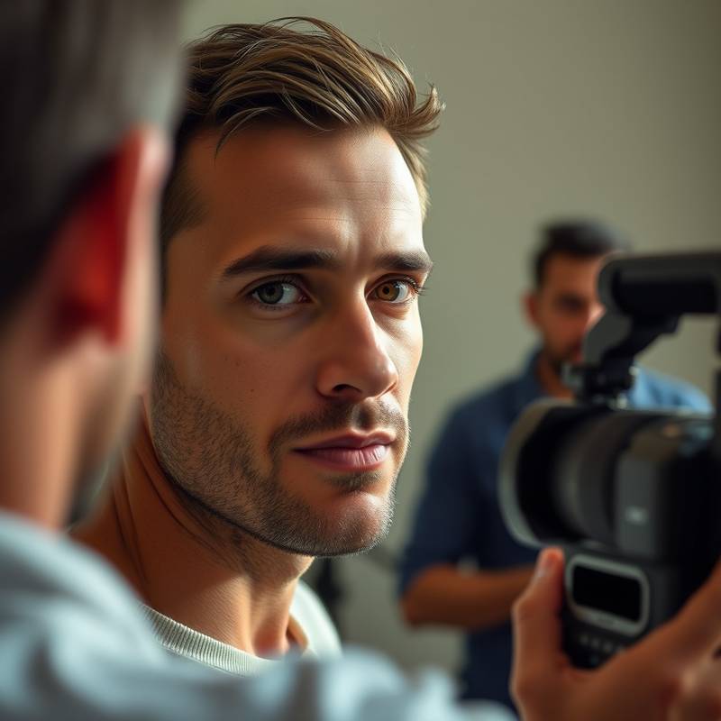 Close-up foto van een acteur die voor een camera staat tijdens een camera-acteren les