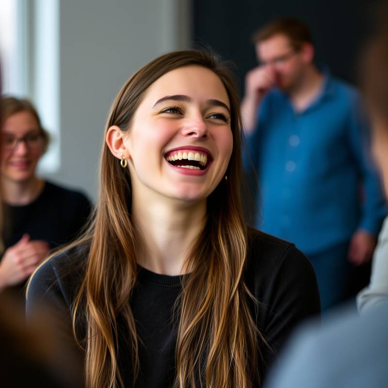 Emma de Jong lacht tijdens een improvisatie-oefening, vastgelegd tijdens een les aan de Acteerschool Amsterdam.