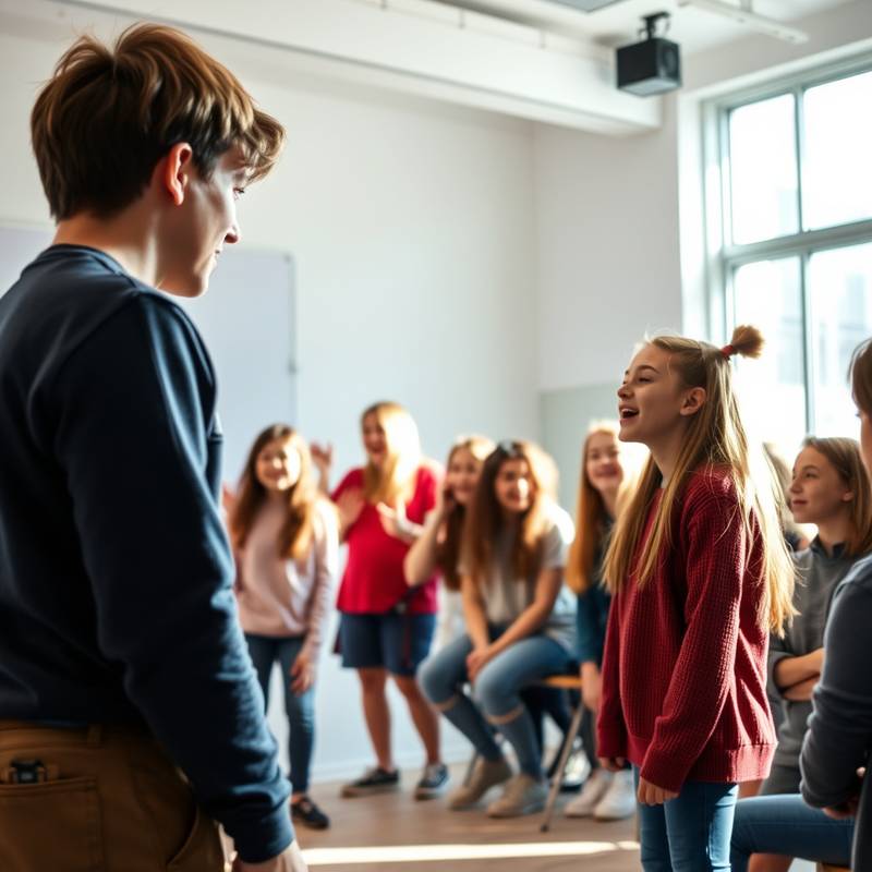 Foto van een groep studenten die een acteer oefening doen tijdens de cursus Basisacteren