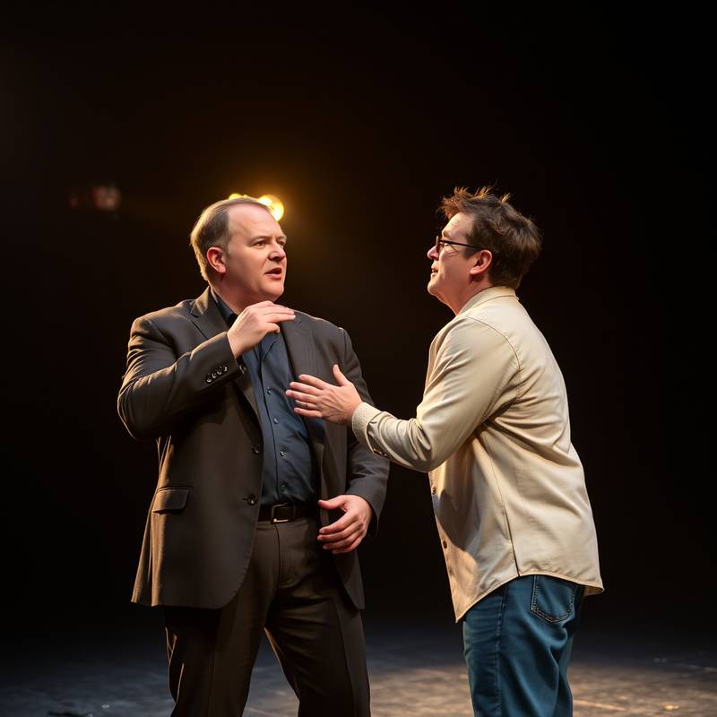 Foto van een improvisatie oefening op het podium, twee acteurs spelen een scene