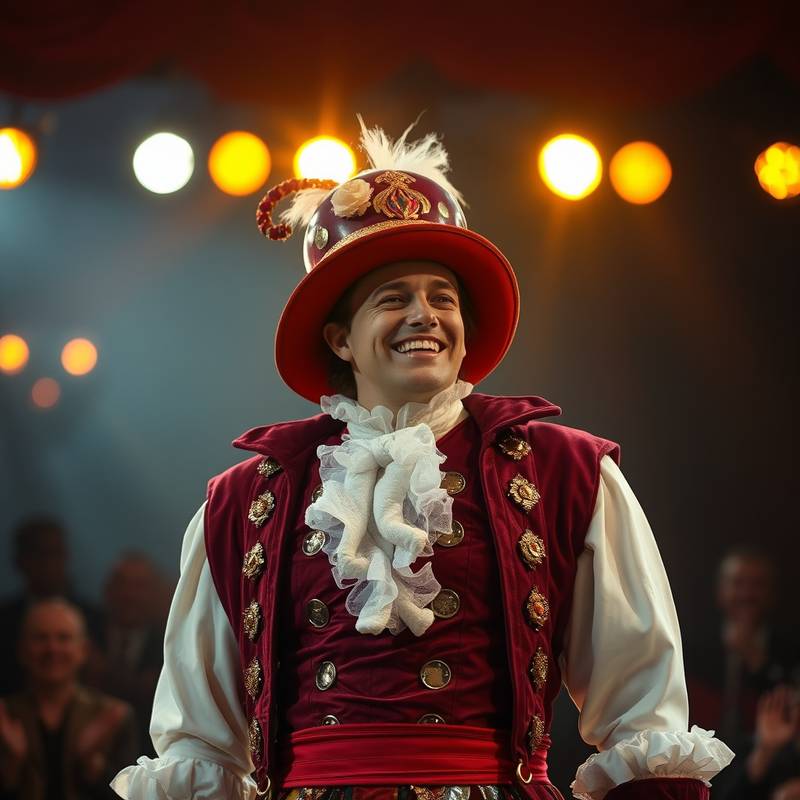 Foto van Sem Vermeulen in een theaterkostuum na een succesvolle voorstelling.